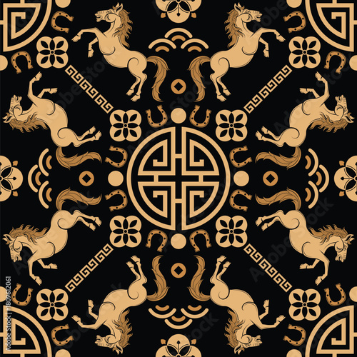
Seamless pattern happy chinese new year 2026 the horse zodiac sign with asian elements paper cut style on color background. ( Translation : happy new year 2026 year of the horse )