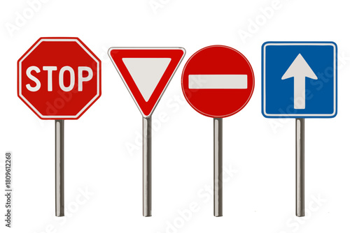 A set of four minimalist road traffic signs with different shapes and colors. Each sign represents a different traffic rule or guidance for drivers and pedestrians. Includes stop, yield, no entry