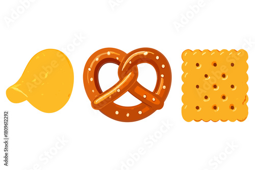 A realistic illustration featuring a potato chip, a pretzel, and a cracker, three popular salty snacks, isolated on a clean white background. Perfect for food illustrations, snack advertisements