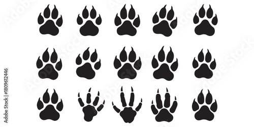 Different animal paw prints black silhouette vector set. Paw footprint icon set, paw print icons in different style, cute animal 