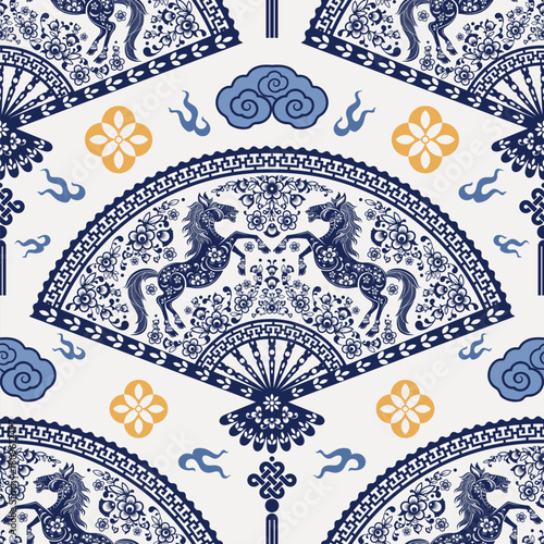 
Seamless pattern happy chinese new year 2026 the horse zodiac sign with asian elements paper cut style on color background. ( Translation : happy new year 2026 year of the horse )