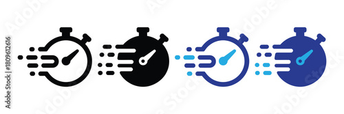 Four stopwatch icons in various styles, representing speed, time, and quick action with motion blur effects, isolated on white background.