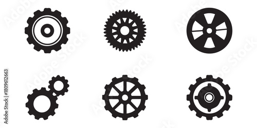 Collection of ten different black and white gear icons with varying tooth designs and styles isolated on transparent background