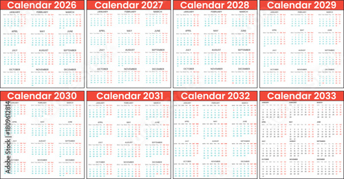 English calendar design with editable font for the year of 2026, 2027, 2028, 2029, 2030, 2031, 2032 and 2033. English calendar week starts from Monday for 26,27,28,29,30,31,32 and 33 year.