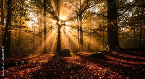 Fototapeta Naklejka Na Ścianę i Meble -  Stunning autumn forest sunlight shining through trees creating golden rays