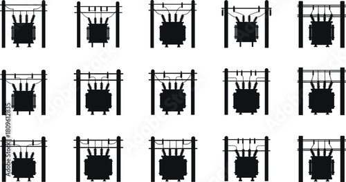 Vector silhouette set of electrical transformers mounted on double utility poles for industrial power distribution infrastructure.
