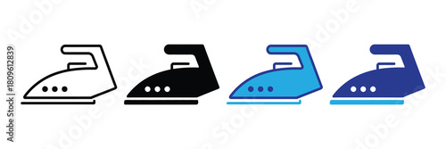 Set of four stylized icons representing an iron in different styles: outline, solid black, blue, and dark blue, symbolizing laundry and garment care.