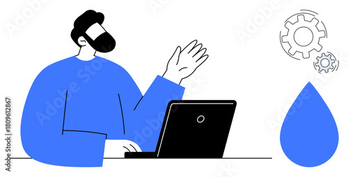 Man gesturing near laptop alongside gears and water drop, symbolizing teamwork, innovation, tech solutions, sustainability, creativity, productivity, environmental awareness. Simple flat metaphor