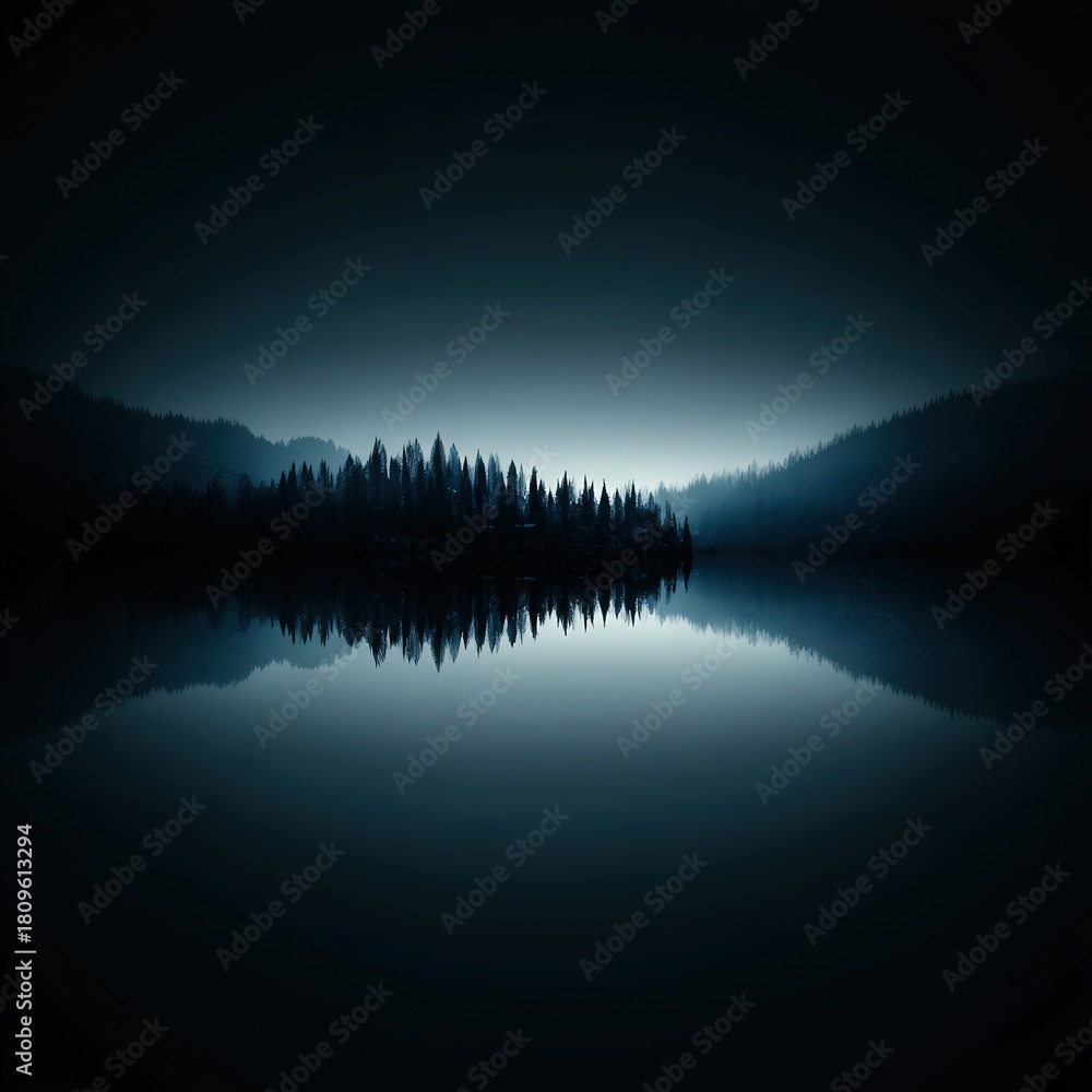 Fototapeta premium Dramatic Symmetrical Landscape of Dark Forest Silhouette Reflected in Still Water with Mist 