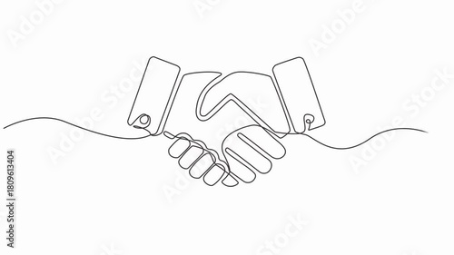 Handshaking of business partners drawn by one single line. 4K video animation with alpha channel, Continuous line drawing handshake animated video.