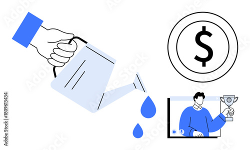Hand holding a watering can pouring water, symbolizing investment and growth. Dollar sign indicates finance, and a person with a trophy represents achievement. Ideal for business, finance