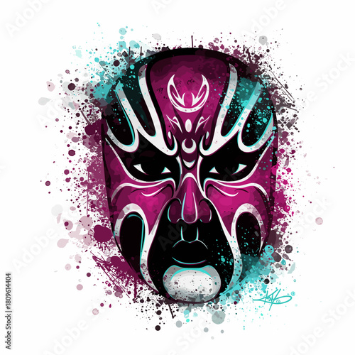 Colorful artistic illustration of a Chinese opera mask with abstract paint splashes