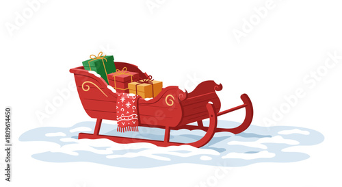 A red sleigh in a snowy field filled with colorful gifts