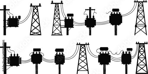 Vector silhouette set of electric utility poles, transmission towers, and transformers connecting power lines for energy distribution grid.