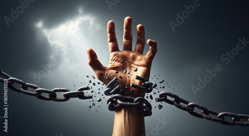 Breaking chains symbolizing freedom on international day for the abolition of slavery awareness