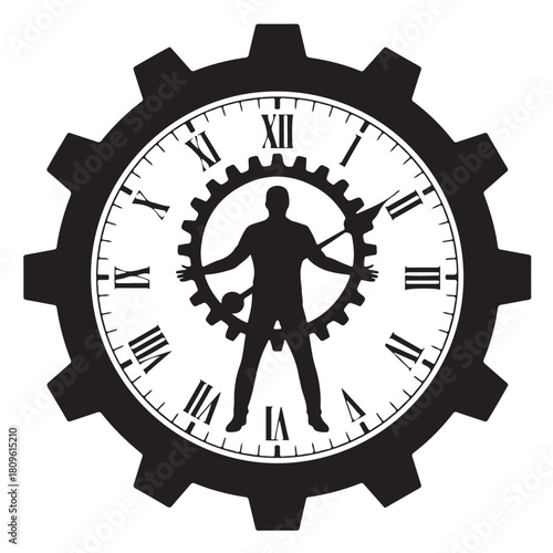 Silhouette of a man standing inside a clock face with roman numerals and gear teeth