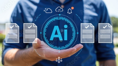 Wallpaper Mural Human hand presenting digital artificial intelligence interface with approved documentation icons Torontodigital.ca