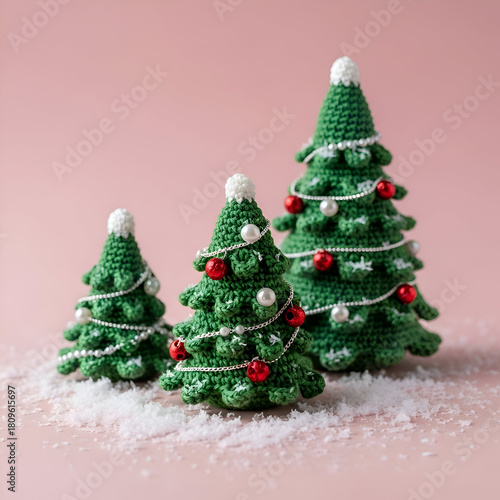 Three crocheted christmas trees stand on a pink surface with snow