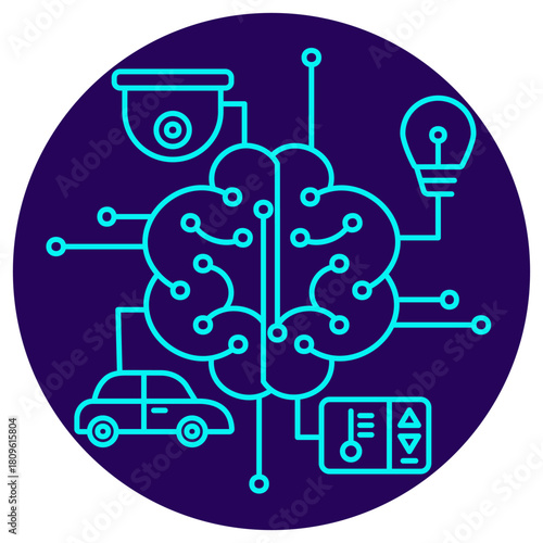 AI Internet of Things (AIoT) icon. Vector thin line illustration on a round dark blue. Central AI brain connects and intelligently controls a network of IoT devices (car, camera, thermostat, light)