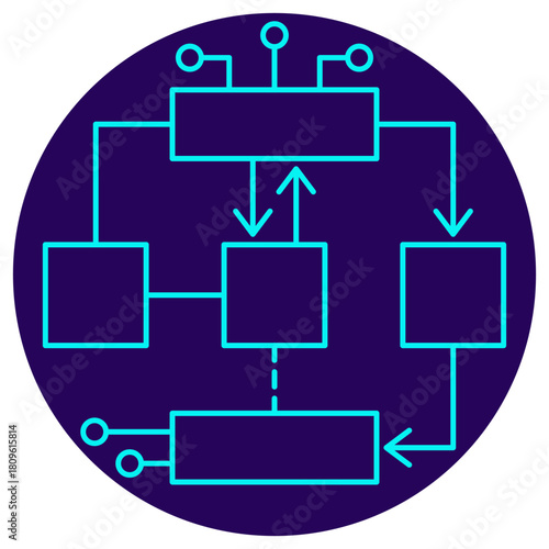 AI Workflow/Pipeline icon. Vector thin line illustration on a round dark blue background. Represents the sequence and flow of data/processes between interconnected modules in a complex AI algorithm