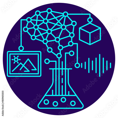 Generative AI Lab icon. Vector thin line illustration on a round dark blue background. Symbolizes the scientific process where an AI brain synthesizes and outputs new, diverse forms of media