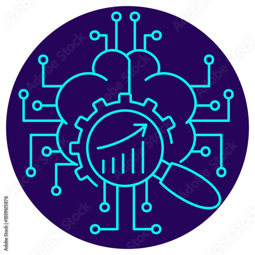 AI Data Analytics & Optimization icon. Vector thin line illustration on a round dark blue background. Central AI brain automatically processes (gear) and monitors business metrics for growth