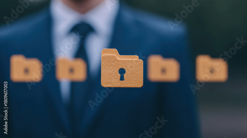 Businessman accessing secure cloud folders for cybersecurity compliance with abcb standards