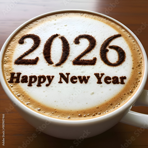 A festive coffee art celebrating the arrival of the year 2026 with joy