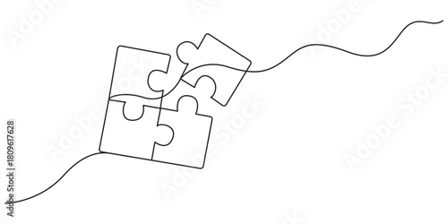 Continuous one line drawing of two businessmen puzzle jigsaw, successful business communication, compatibility of ideas in work concept, single line art. Editable strokeContinuous one line drawing of 