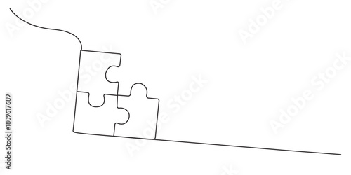 Continuous one line drawing of two businessmen puzzle jigsaw, successful business communication, compatibility of ideas in work concept, single line art. Editable stroke