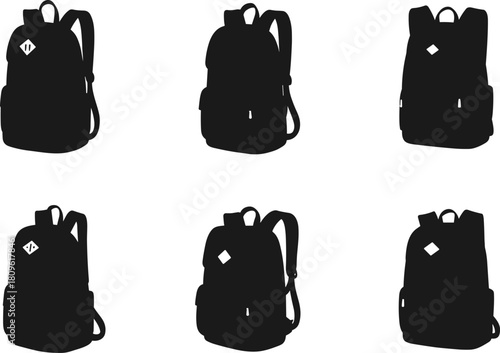 Backpack silhouette vector set, black school bag icons collection, travel rucksack illustration isolated on white background, hiking camping luggage equipment symbols.