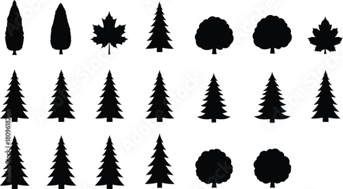 Christmas pine tree silhouette set, maple leaf and bush collection, forest nature vector illustration isolated on white background, garden plant icons design.
