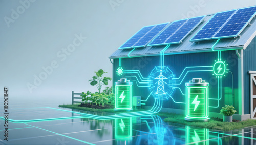 Solar powered smart farm house with energy management systems, showcasing solar panels, batteries, and green plants, symbolizes sustainable living