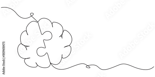 Single one line drawing of human brain forming from piece of puzzles logo identity. Head anatomy and smart psychological people concept. Modern continuous line draw design graphic vector illustration