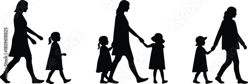 Mother and daughter walking silhouette set, woman holding child hand, family vector illustration isolated on white background, parent love and care symbol.