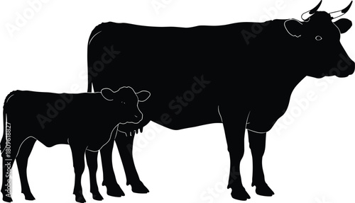 Cow and calf silhouette vector illustration, black farm animal family isolated on white background, agriculture livestock symbol, mother and baby cattle concept.
