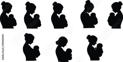 Mother holding baby silhouette set, mom cradling newborn vector collection, woman with infant isolated on white background, maternity love and care symbo