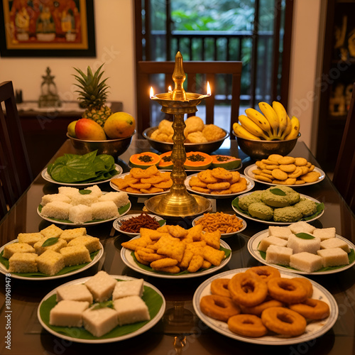 An elaborate spread of sri lankan sweets and fruits on a wooden table