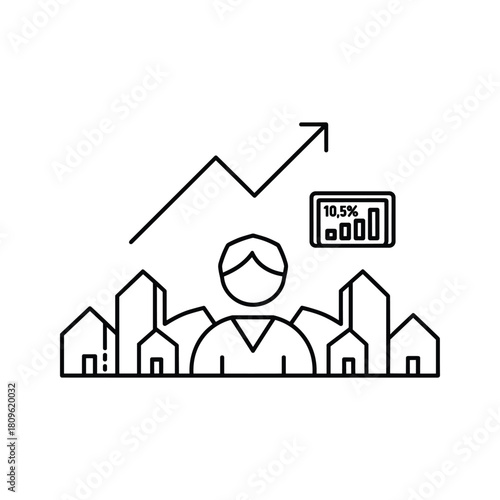 Real estate agent with rising graph and city skyline isolated on