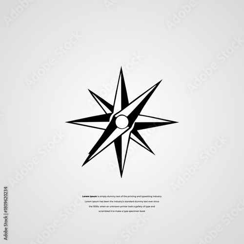Geometric wind rose icon or star logo, a simple black vector illustration symbolizing direction, guidance, and adventure