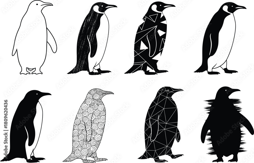Naklejka premium Penguin vector illustration set, black silhouette and outline sketch collection, geometric style bird icons, Antarctic wildlife isolated on white background, winter animal design elements.
