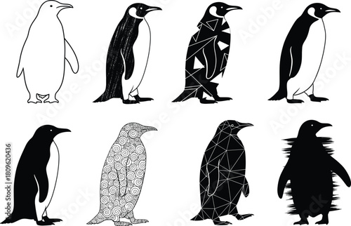 Penguin vector illustration set, black silhouette and outline sketch collection, geometric style bird icons, Antarctic wildlife isolated on white background, winter animal design elements.