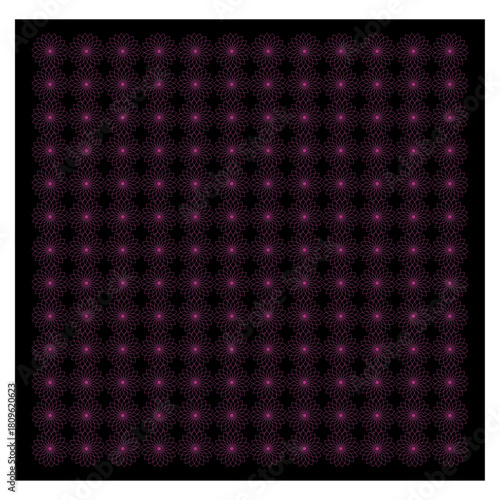 The image displays a seamless abstract geometric pattern composed of magenta, circular, petal-like shapes arranged in a grid black background. 