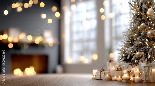 Bright lights shimmer on a beautifully decorated tree, surrounded by colorful gifts, creating a festive feeling in a comfortable room