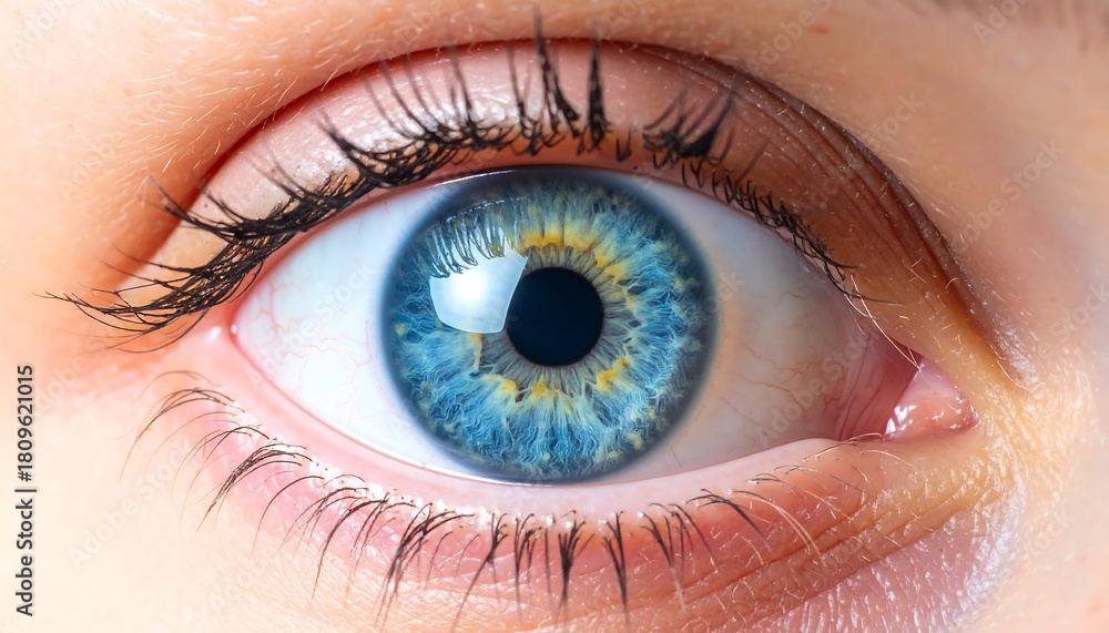 Fototapeta premium Blue eye with detailed iris and lashes shows clear vision.