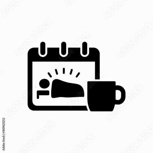 Morning routine symbolized by calendar with sleeping person and coffee cup icon representing waking up and coffee break