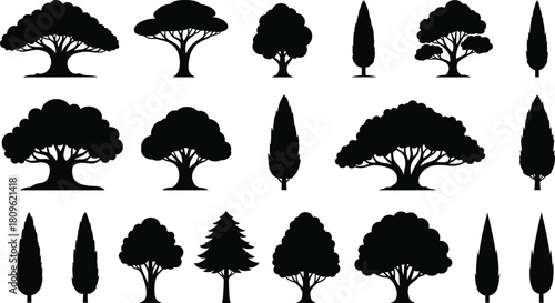 Tree silhouette vector set, black forest nature collection, oak pine cypress illustration isolated on white background, garden plant icons, landscape design elements.