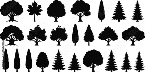 Tree silhouette vector set, black forest nature collection, oak maple pine cypress illustration isolated on white background, garden plant icons, landscape design elements.