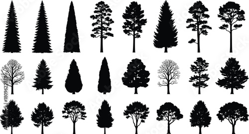 Tree silhouette vector set, pine fir oak collection, forest nature illustration isolated on white background, winter and summer plant icons, landscape elements.