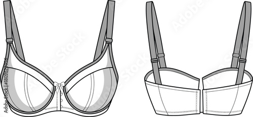 Women's technical flat sketch of a full cup underwired bra, featuring adjustable straps, back hook-and-eye closure, and detailed lingerie vector template illustration